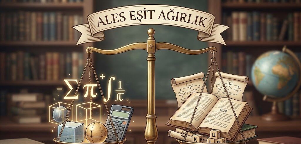 ALES Eşit Ağırlık puan türü için Sayısal ve Sözel testlerin eşit ağırlığını gösteren dengede duran bir terazi.