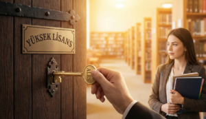 ALES sınavı anahtarı ile yüksek lisans kapısını açan öğrenci görseli.
