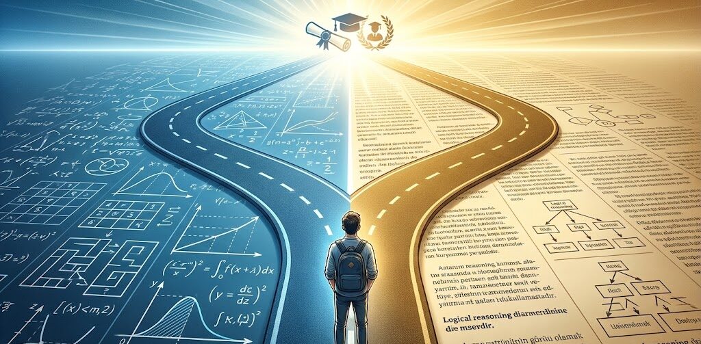 A student navigating a two-way academic roadmap marked with Sayısal (Numerical) symbols and Sözel (Verbal) logic diagrams, illustrating the focused preparation needed for ALES konuları success.
