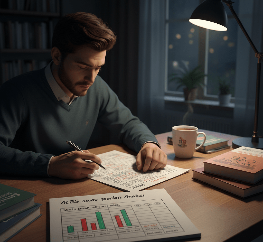 Student analyzing ALES sinav soruları performans verilerini defterinde detaylı grafiklerle inceleyerek çalışma stratejisini optimize ediyor.
