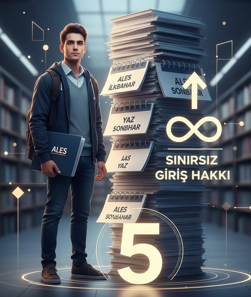 ALES sınavına sınırsız giriş hakkını gösteren grafik: sonsuzluk işareti ve 5 yıllık geçerlilik süresi.