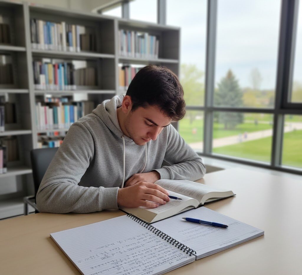 A student preparing for the ALES 1 exam in a university library with books and study materials.