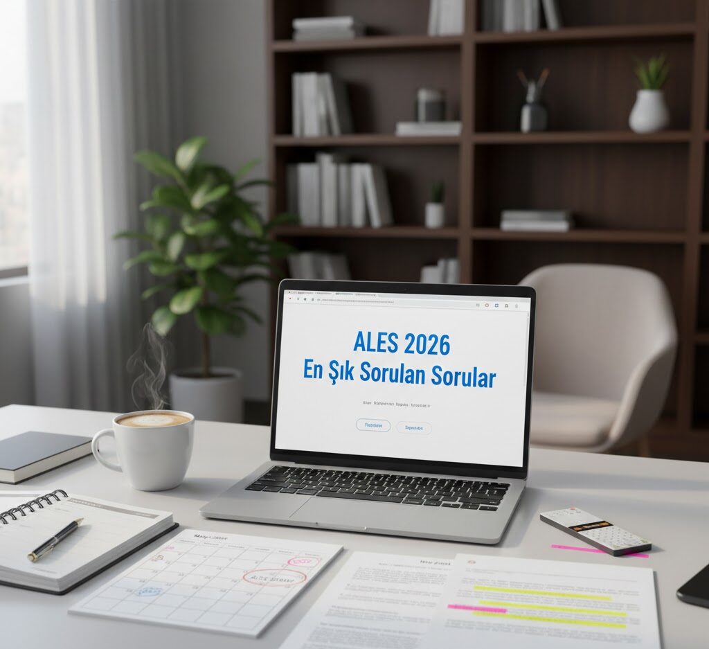ALES 2026 En Sık Sorulan Sorular için hazırlık yapan bir adayın çalışma masası ve 2026 takvimi.