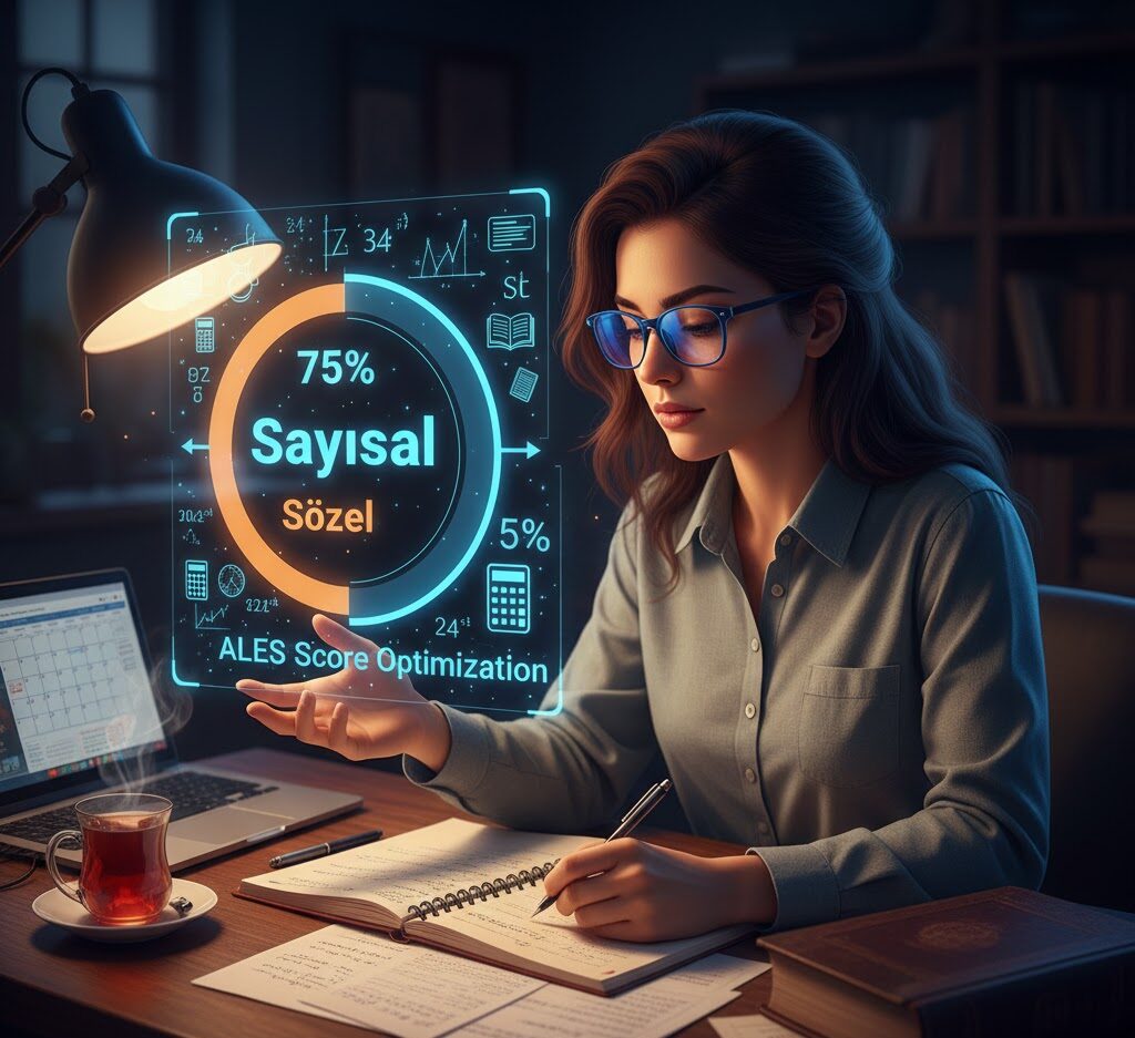 ALES sınavına hazırlanan bir öğrencinin, Sayısal veya Sözel puan türüne göre çalışma stratejisini ve zaman yönetimini planlaması.