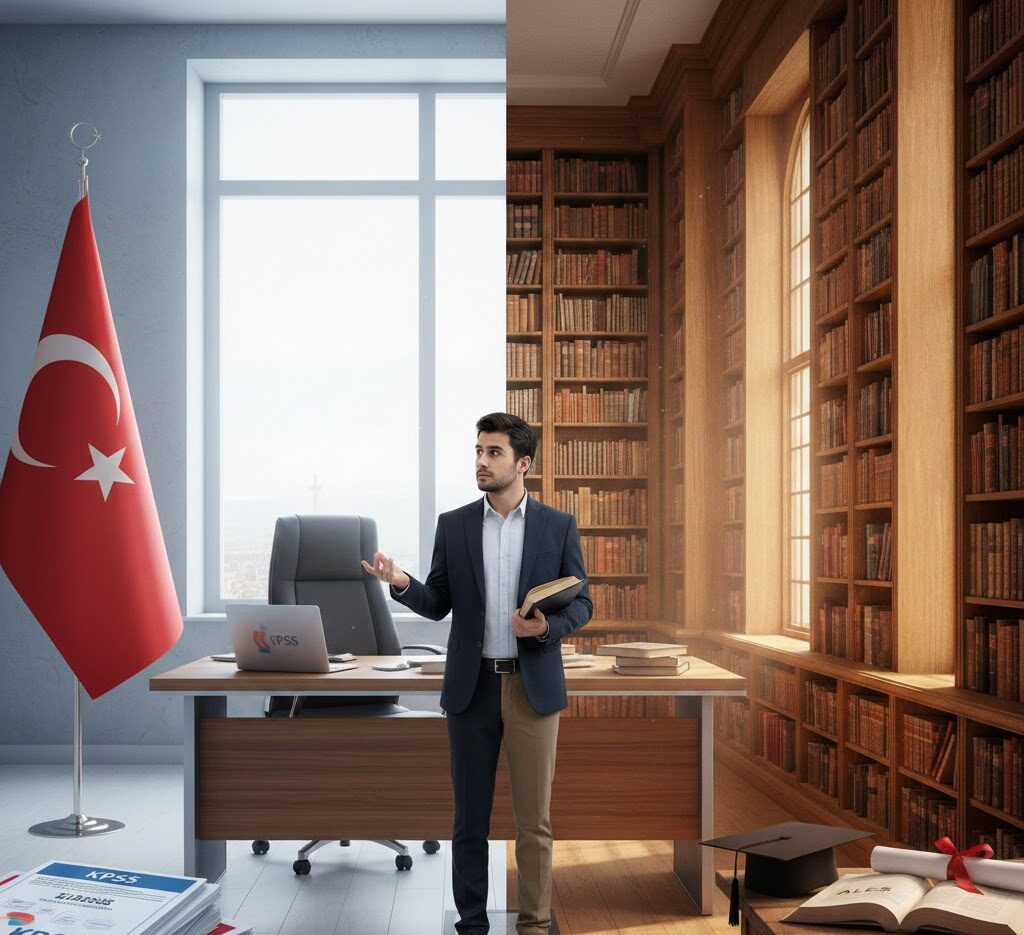 KPSS ALES nedir sorusunu temsil eden kamu ve akademik kariyer yollarını gösteren yol ayrımı görseli.