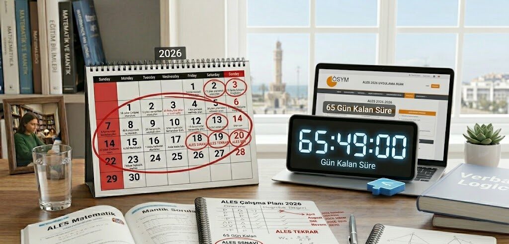 ALES 2026 sınav tarihlerinin işaretli olduğu bir takvim ve çalışma masası.