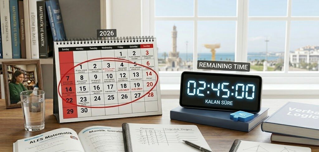 ALES 2026 hazırlık kitapları, sınav takvimi ve zaman yönetimi için çalışma masası.