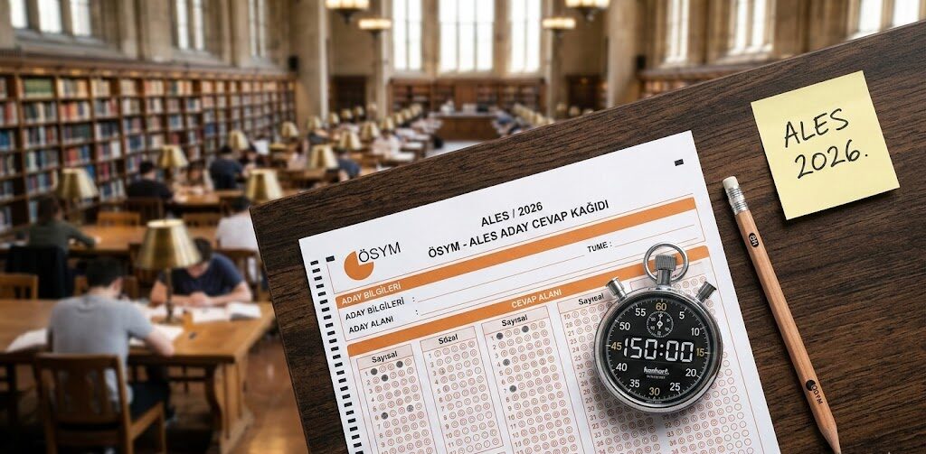 ALES 1 2026 sınavına hazırlık sürecini temsil eden optik form, kronometre ve çalışma masası.