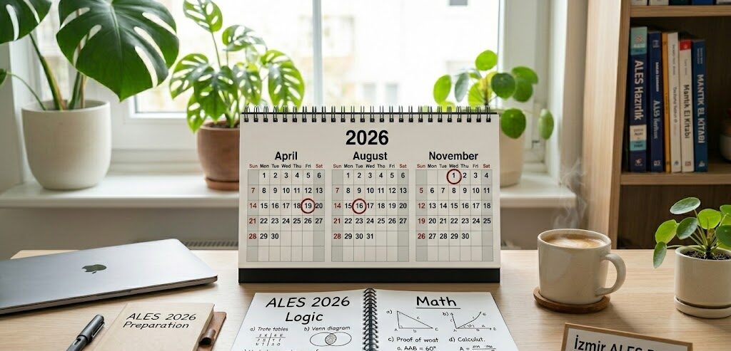 ALES 2026 takvimi üzerinde sınav tarihleri işaretlenmiş çalışma masası görseli.