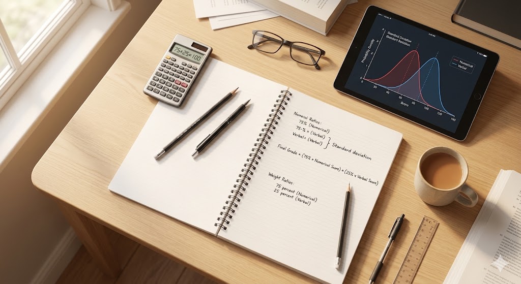 Ales 3 puan hesaplama için kullanılan hesap makinesi, defter ve kalemlerin bulunduğu akademik çalışma masası.