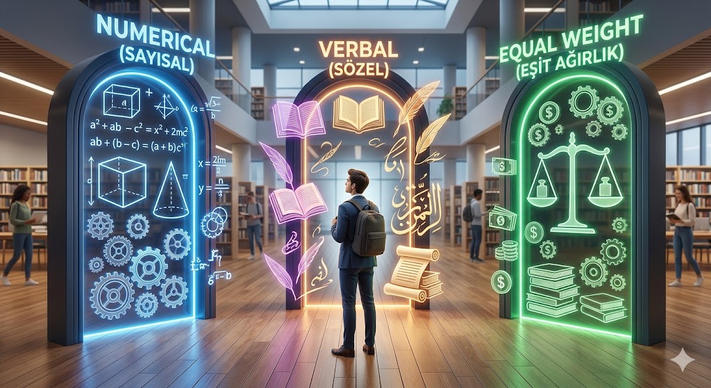 A conceptual 3D illustration showing three pathways representing ALES numerical, verbal, and equal weight score types for academic department selection.