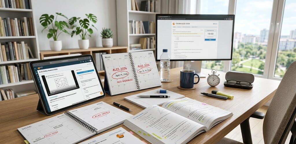 ÖSYM ALES 2026 sınav hazırlığı için kitaplar, tablet ve çalışma planının bulunduğu bir masa düzeni.